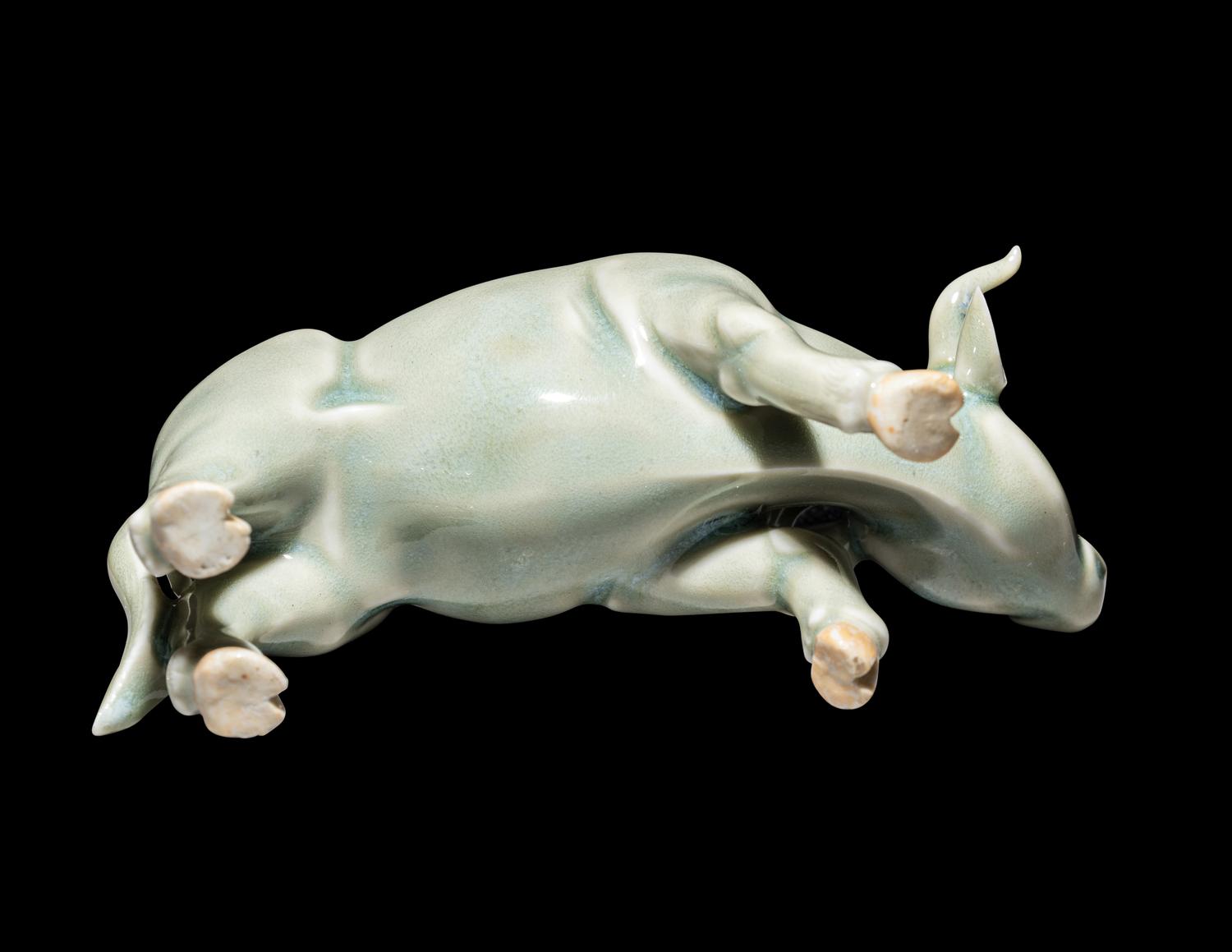 A Japanese Hirado Celadon Glazed Porcelain Water Buffalo-Form Water Dropper