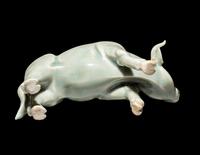 A Japanese Hirado Celadon Glazed Porcelain Water Buffalo-Form Water Dropper