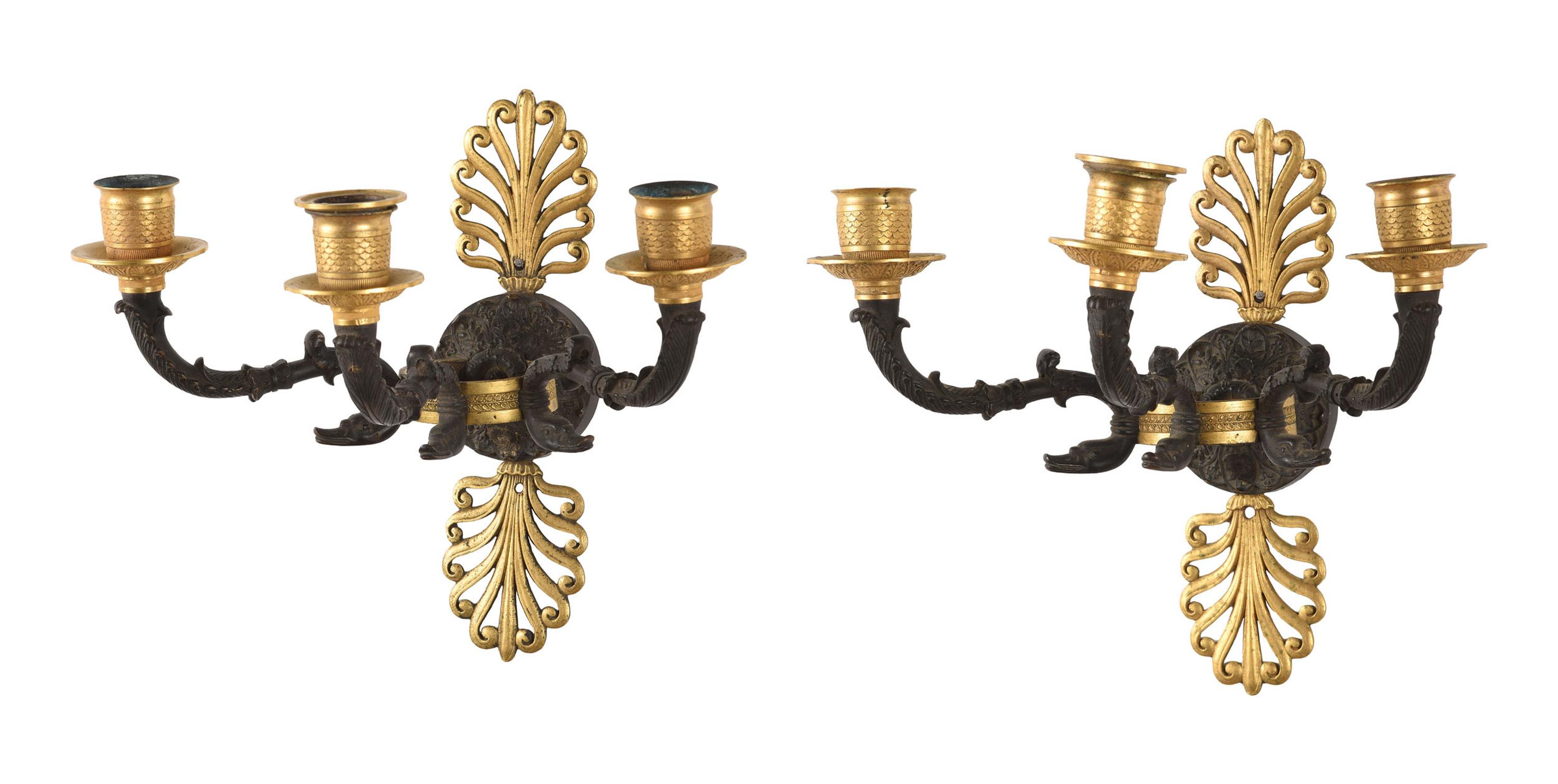 A Pair of Empire Style Three-Light Bronze Sconces