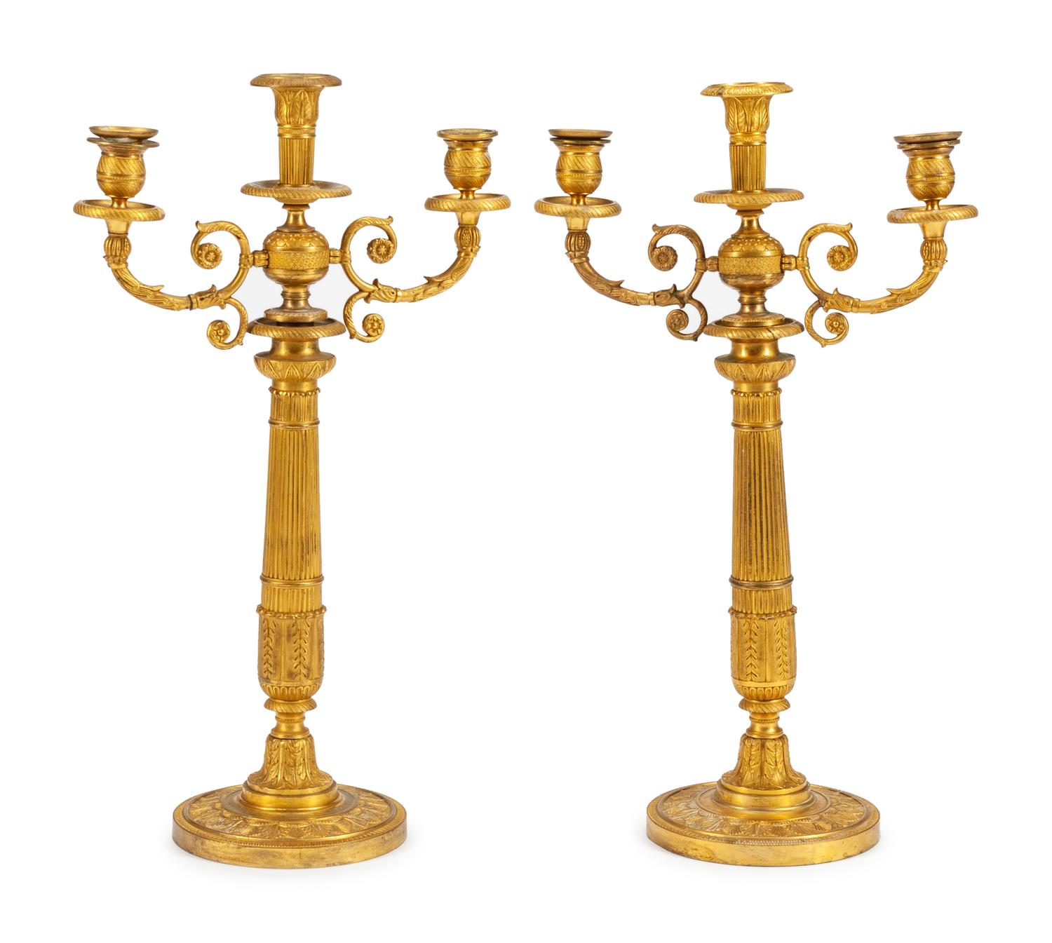 A Pair of Charles X Gilt Bronze Three-Light Candelabra