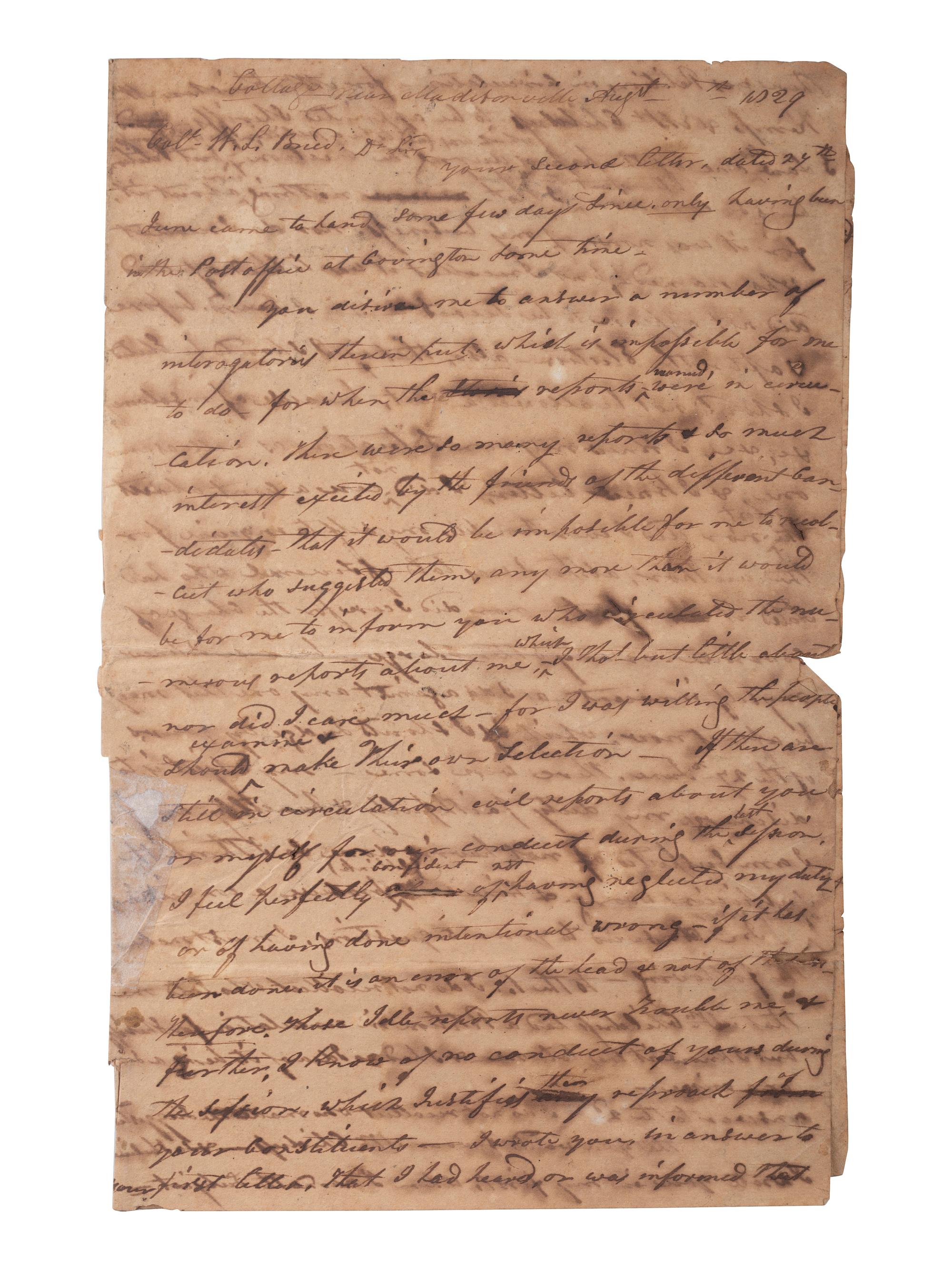 [WAR OF 1812]. MORGAN, General David B. Morgan (ca 1772-1848). Autograph letter signed. August 1829.