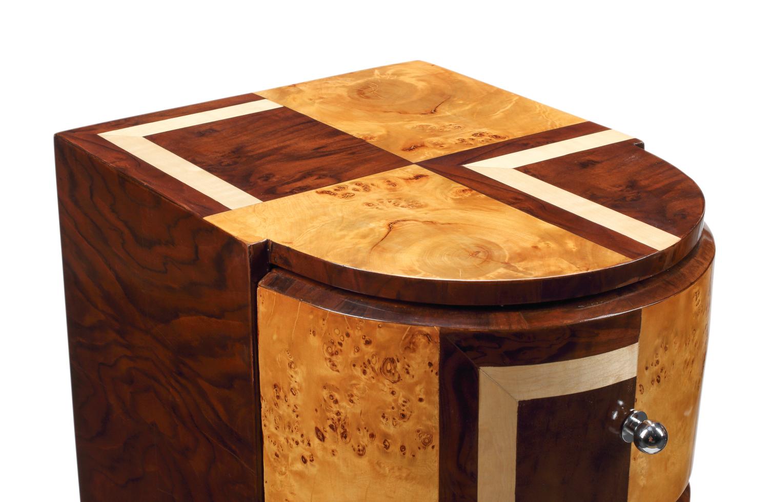 A Pair of Art Deco Style Various Woods Bedside Cabinets