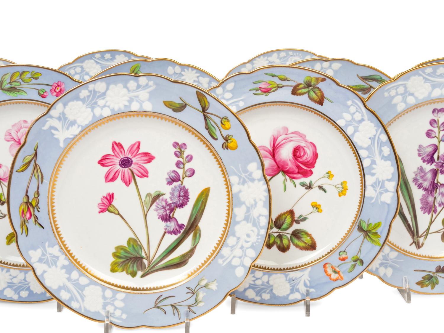 A Spode Pale Blue-Ground Botanical Porcelain Dessert Service