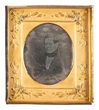 [EARLY PHOTOGRAPHY]. Ninth plate likely British daguerreotype of a gentleman in a Thomas Wharton patented pan. [London]: [Richard Beard], ca 1841-43.