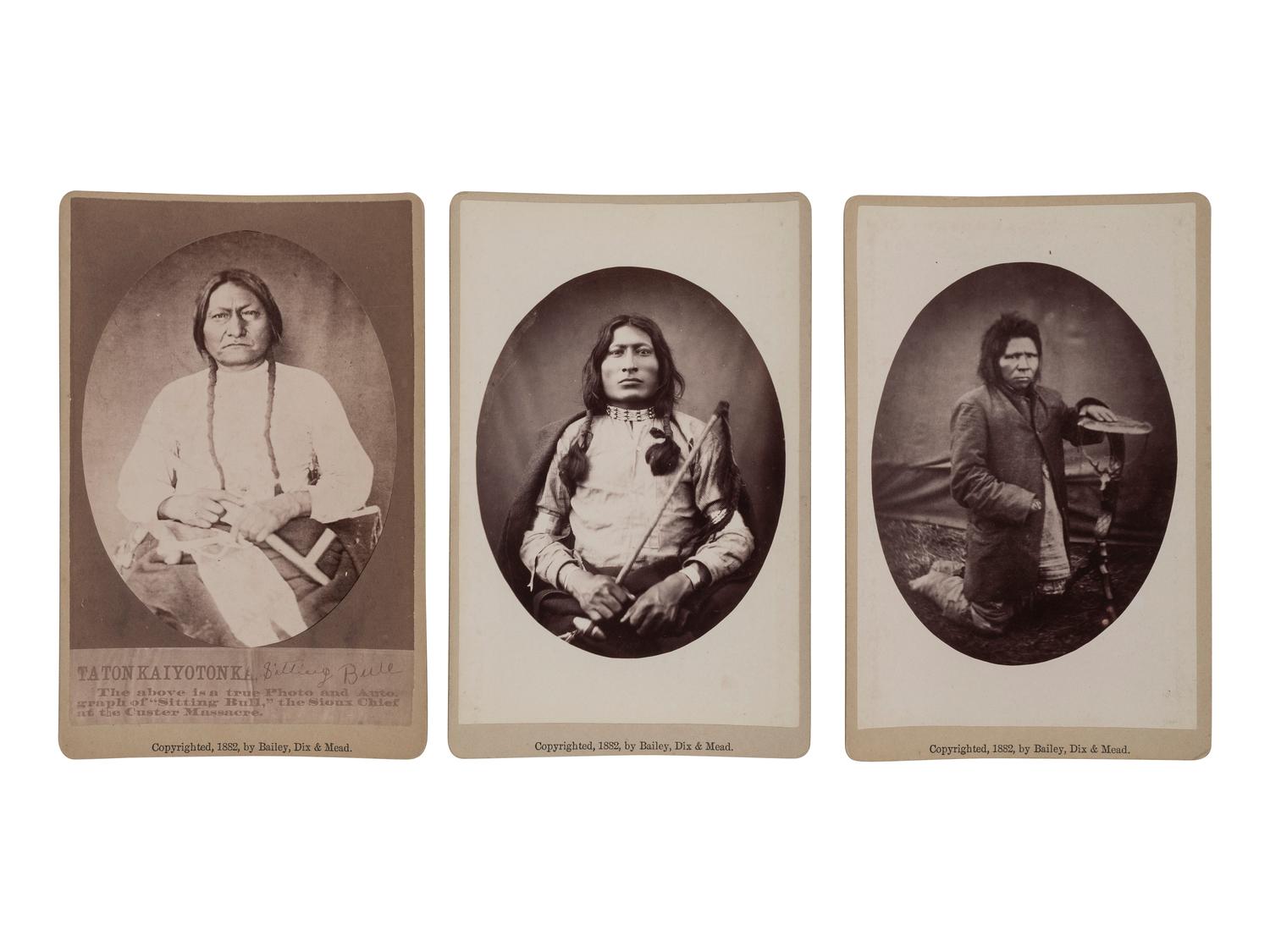 [NATIVE AMERICANS]. BAILEY, DIX, & MEAD, photographers. A group of 3 cabinet cards featuring Sitting Bull, Steps, and One Bull. Fort Randall, Dakota Territory, 1882.