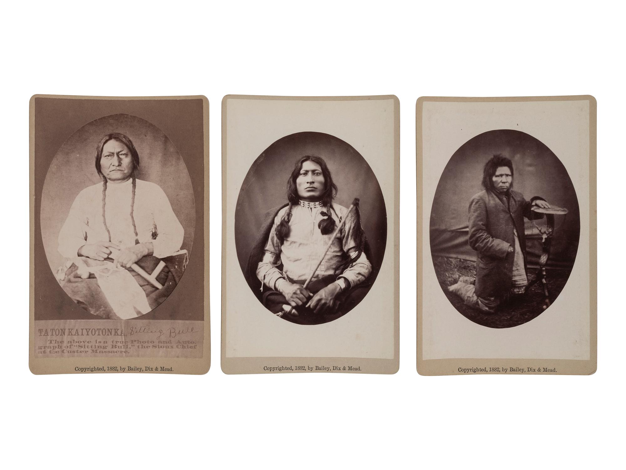 [NATIVE AMERICANS]. BAILEY, DIX, & MEAD, photographers. A group of 3 cabinet cards featuring Sitting Bull, Steps, and One Bull. Fort Randall, Dakota Territory, 1882.