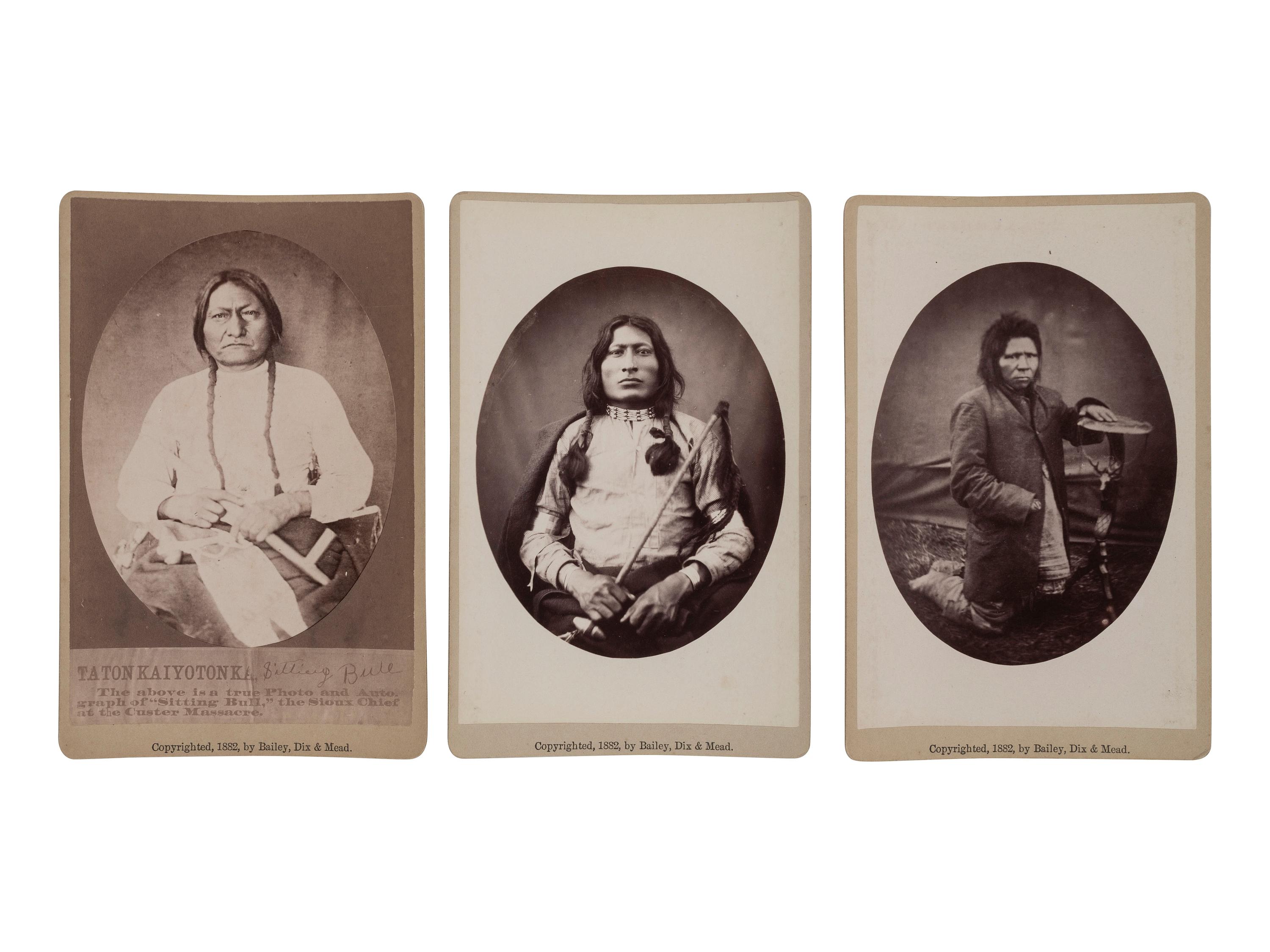 [NATIVE AMERICANS]. BAILEY, DIX, & MEAD, photographers. A group of 3 cabinet cards featuring Sitting Bull, Steps, and One Bull. Fort Randall, Dakota Territory, 1882.