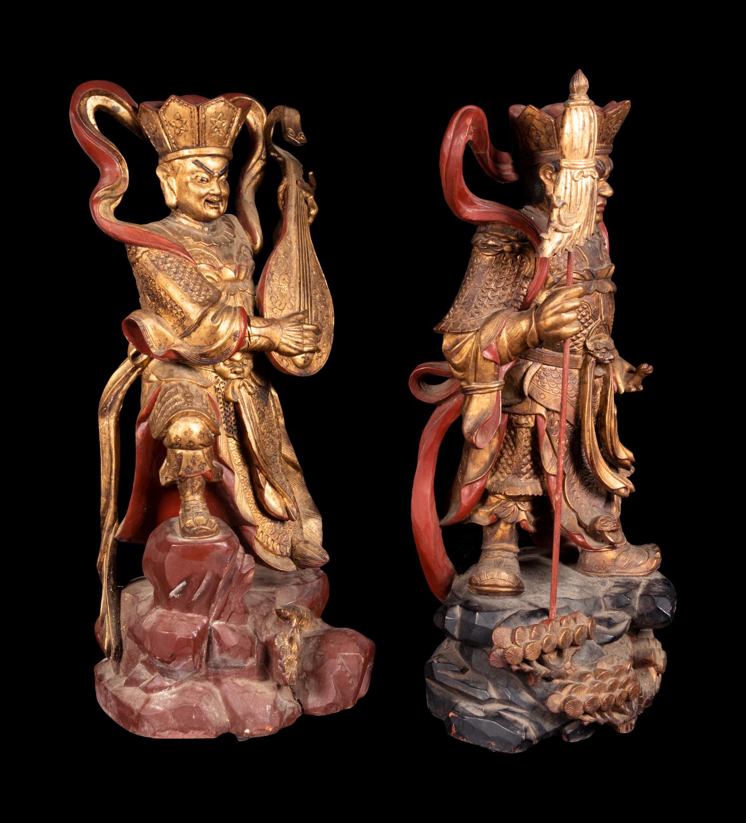 Two Large Gilt and Red Lacquered Wood Figures of Guardians
