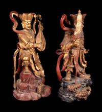 Two Large Gilt and Red Lacquered Wood Figures of Guardians