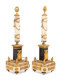 A Pair of Louis XVI Gilt Bronze Mounted Slate and White Marble Obelisks