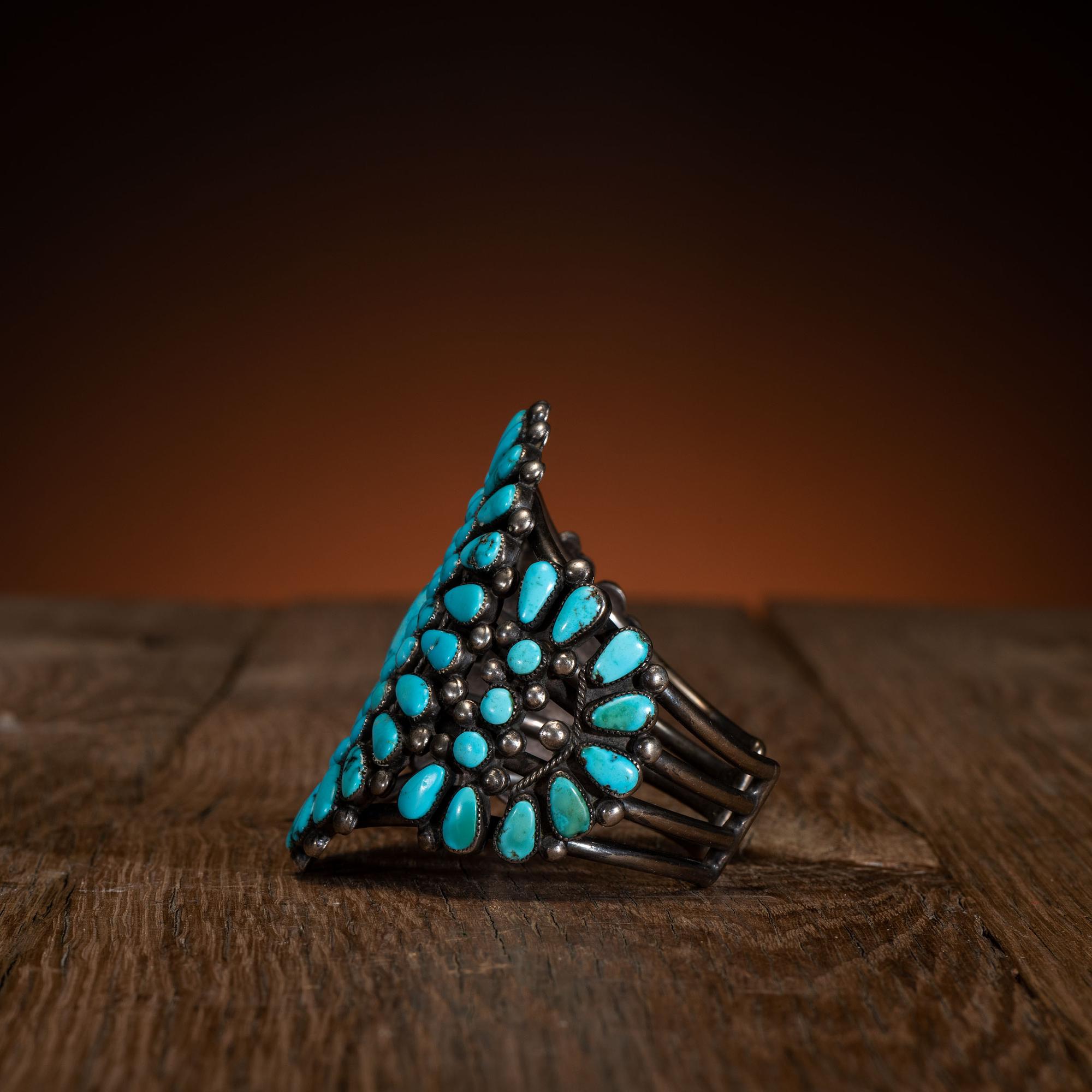 Large Zuni Silver and Turquoise Cluster Cuff Bracelet
