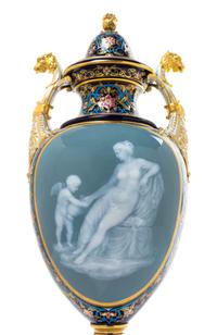 A Meissen Porcelain Pate-sur-Pate Four-Piece Clock Garniture