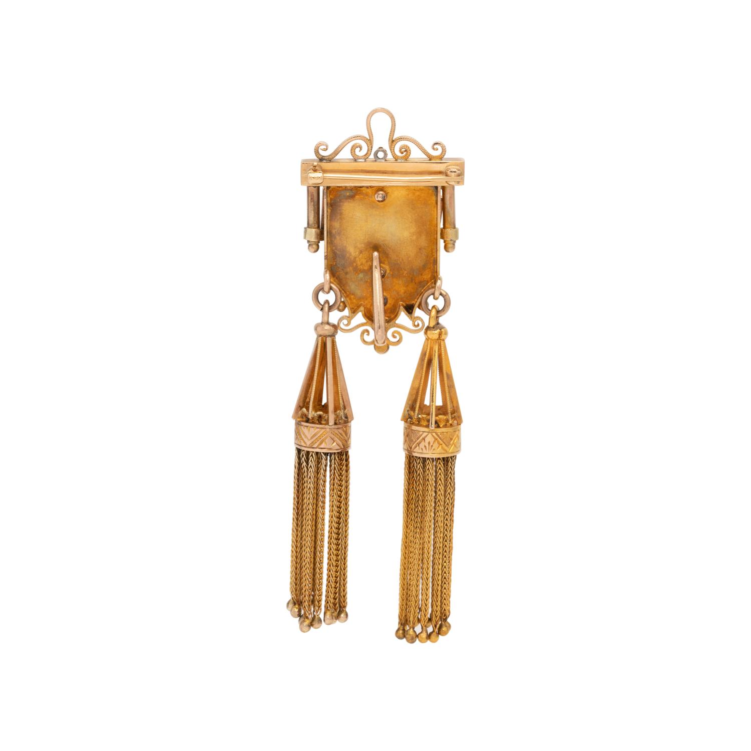 VICTORIAN, GOLD-FILLED, AMETHYST AND SEED PEARL TASSEL PENDANT/BROOCH