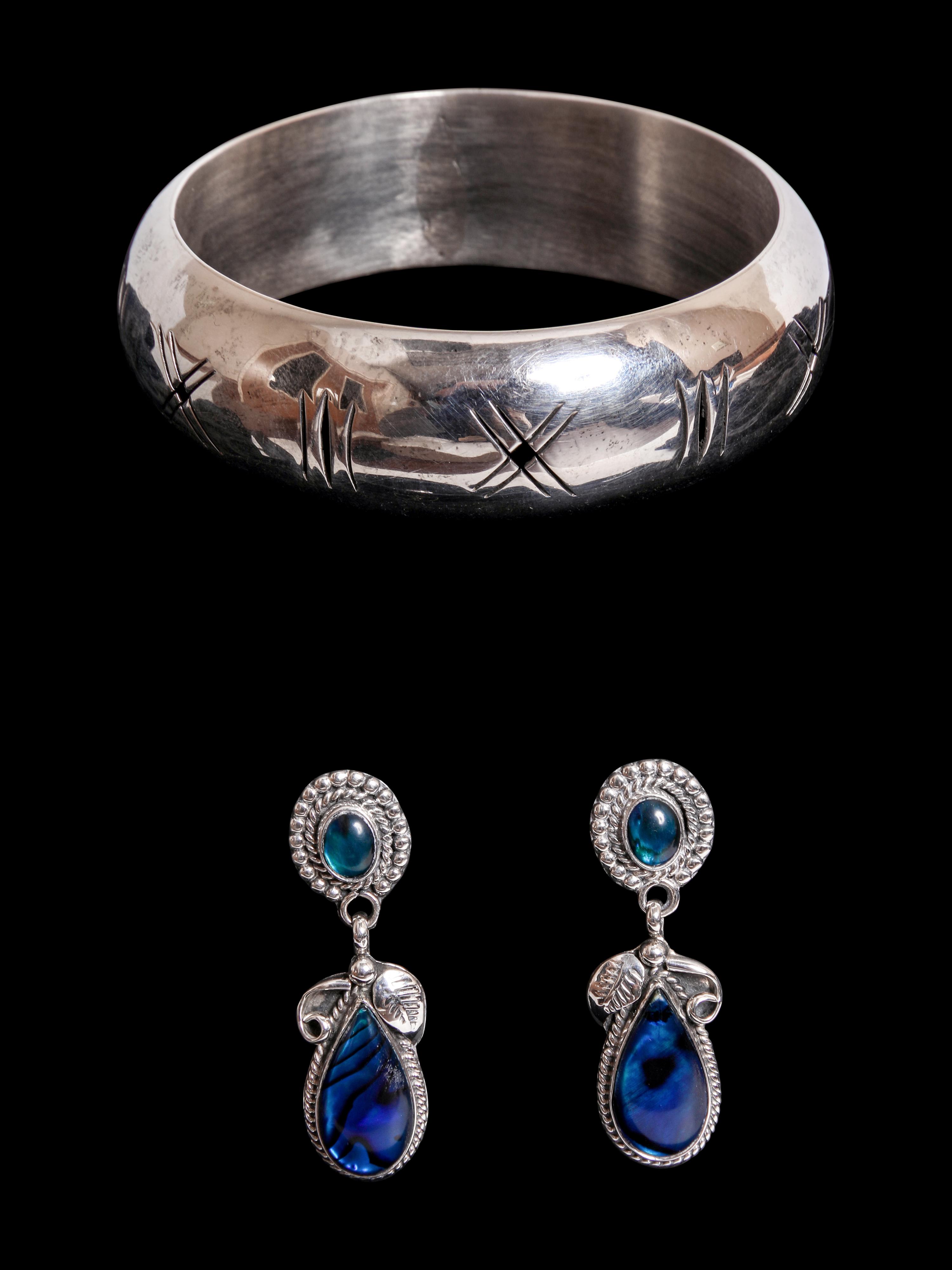 Navajo Sterling Silver Paua Shell Earrings and Silver Bangle Bracelet