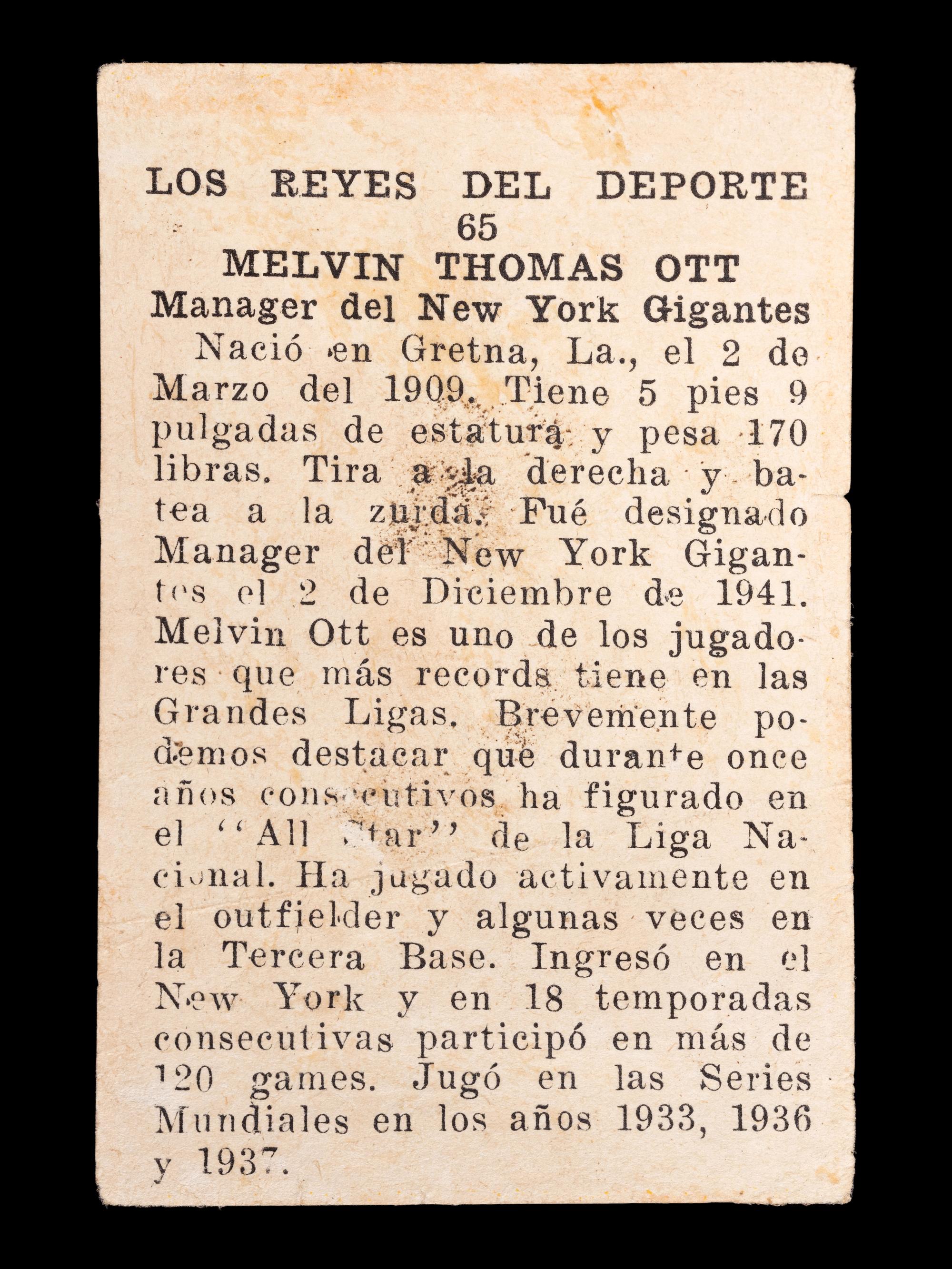 A 1946 Propagandas Monteil Los Reyes del Deporte Mel Ott Baseball Card No. 65