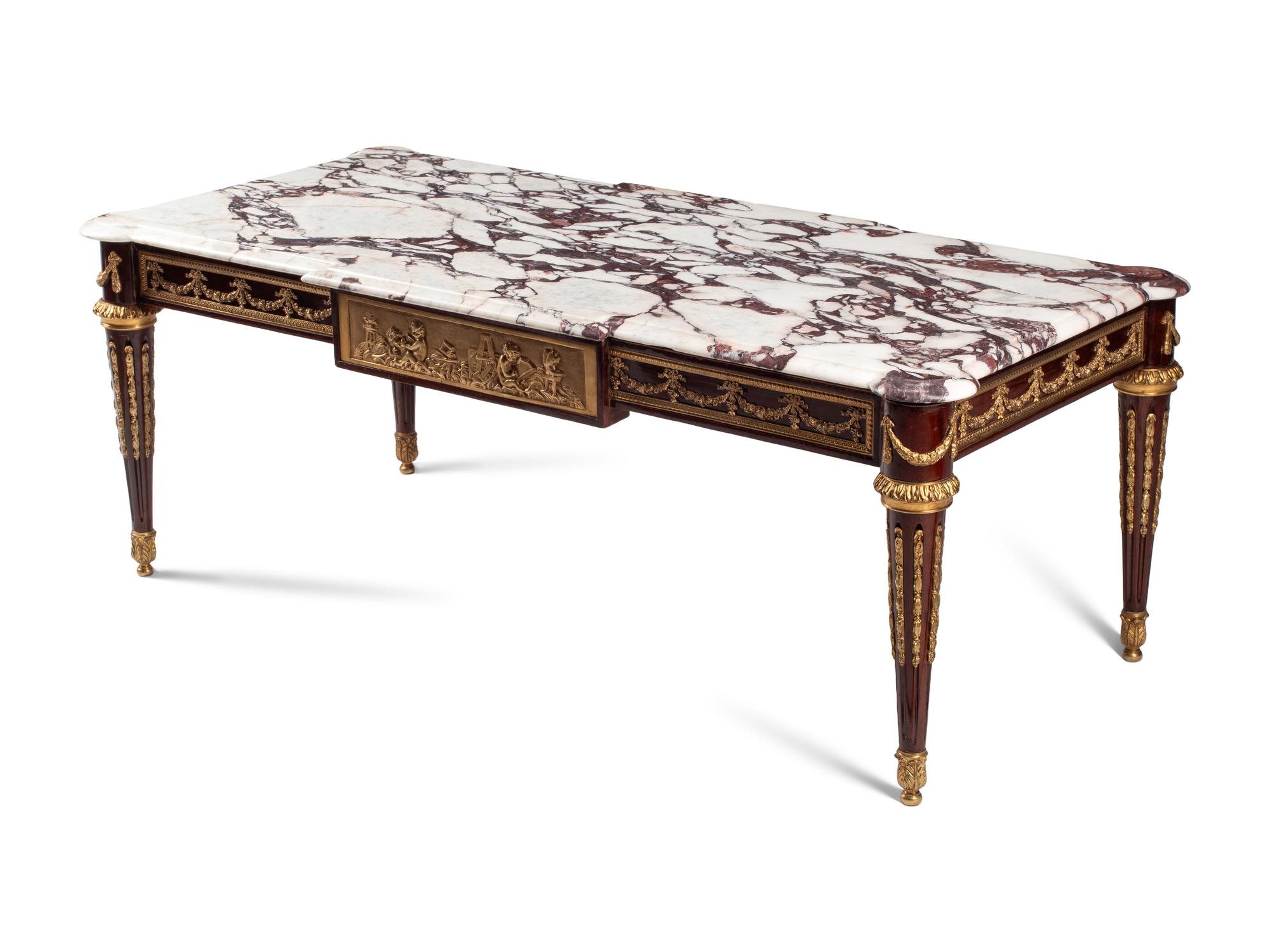 A Louis XVI Style Gilt Bronze Mounted Mahogany Marble-Top Low Table