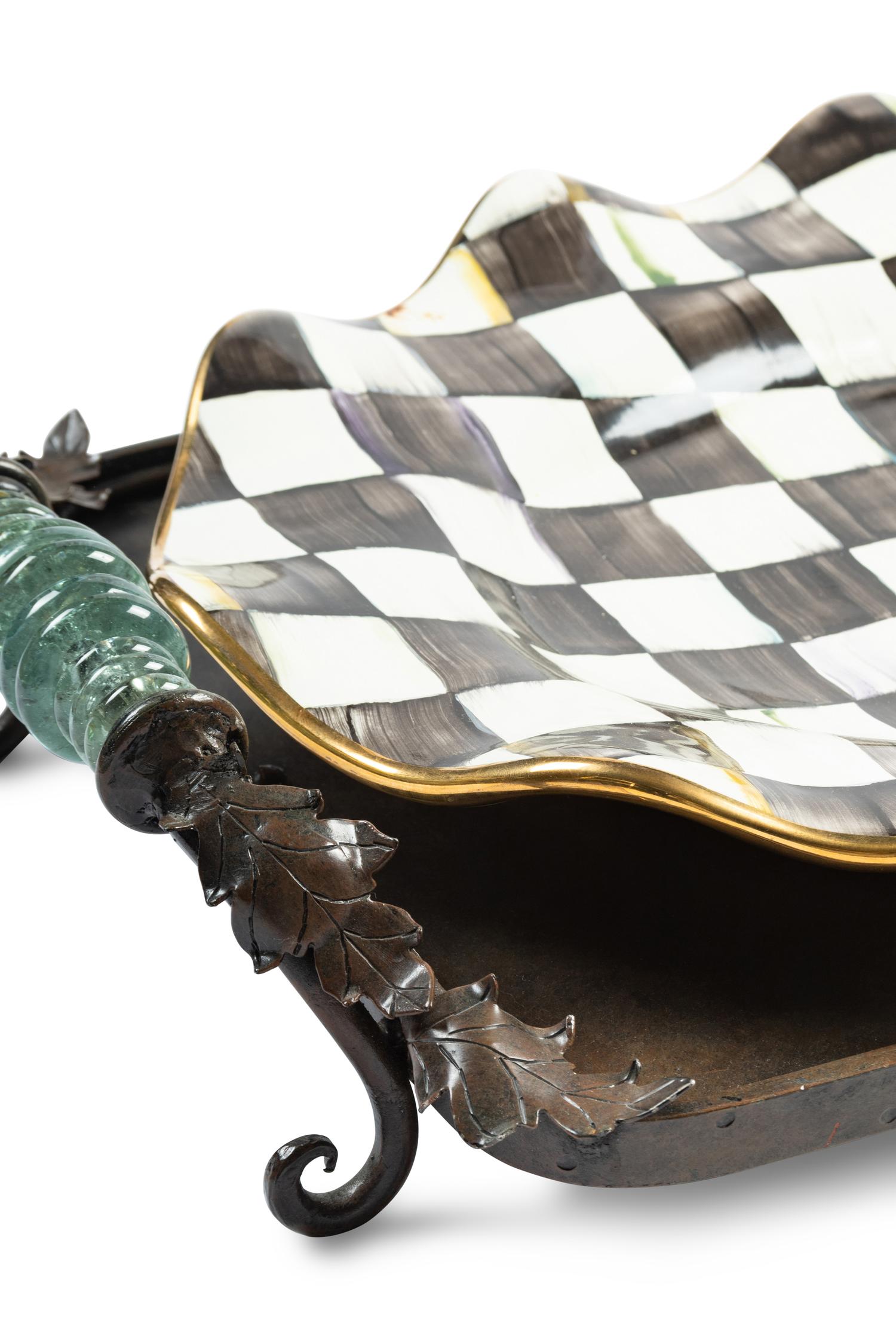 A MacKenzie-Childs Courtly Checked Ceramic Serving Platter and a Metal Serving Tray