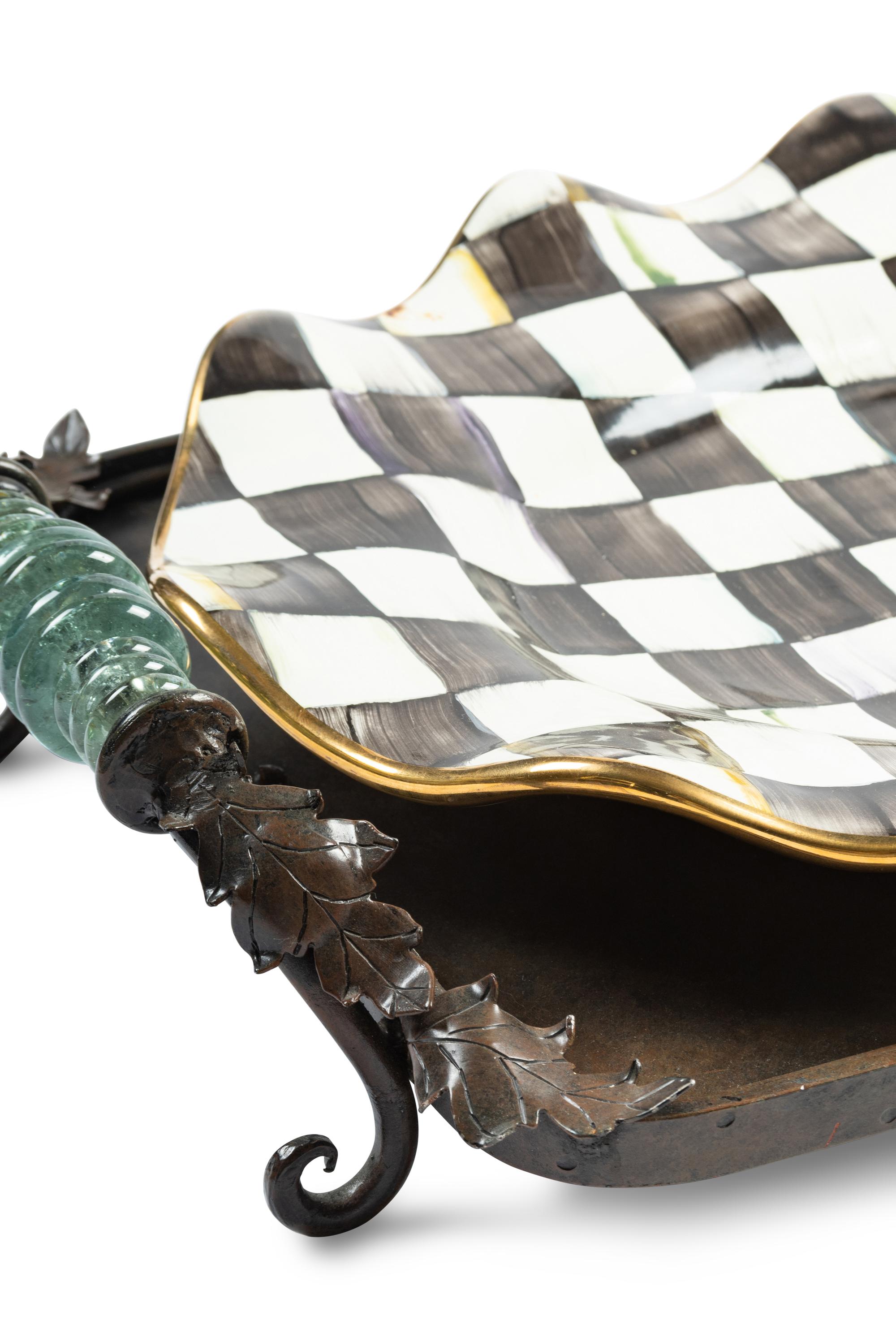 A MacKenzie-Childs Courtly Checked Ceramic Serving Platter and a Metal Serving Tray