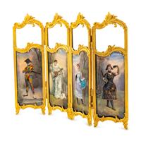 A French Gilt Bronze, Enameled Copper and Glass Table Screen