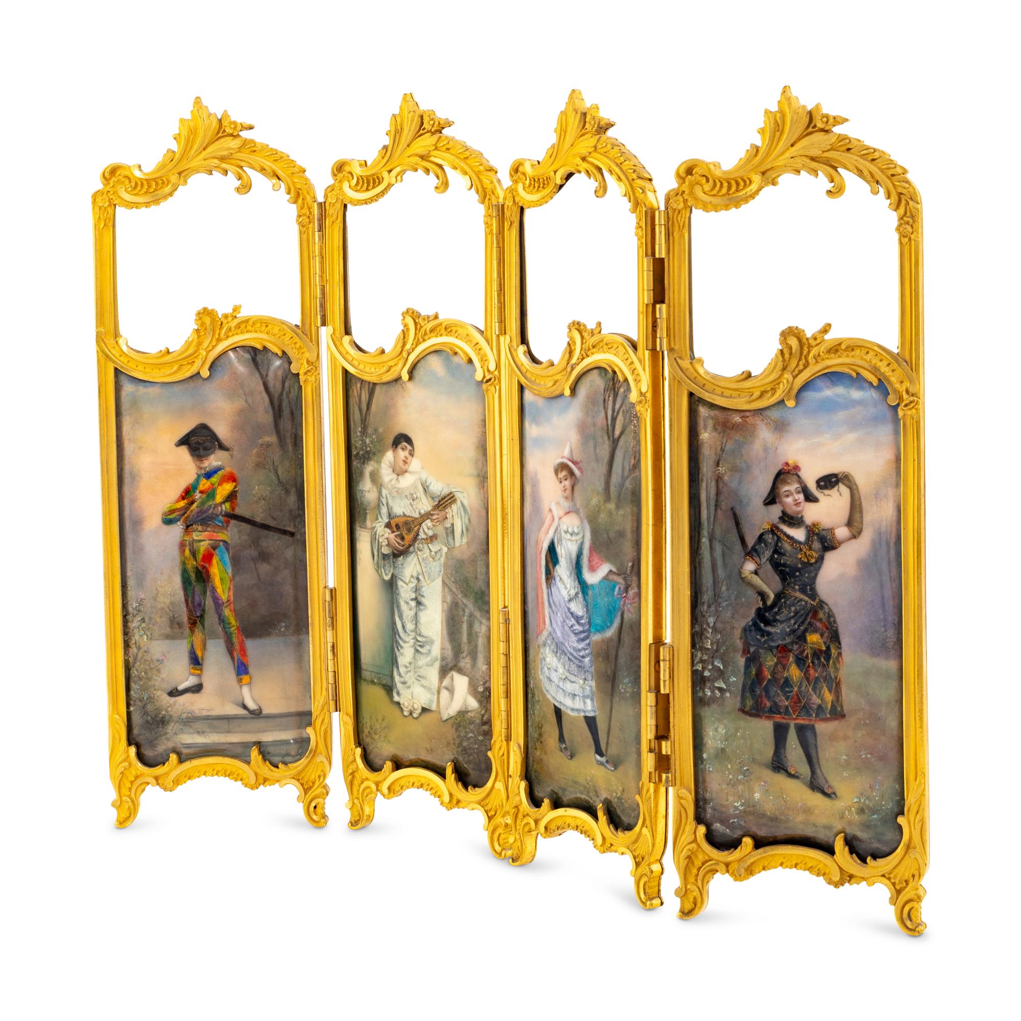 A French Gilt Bronze, Enameled Copper and Glass Table Screen