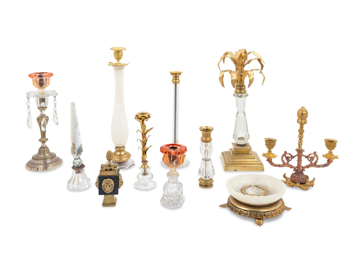 Eleven Glass and Gilt Metal Table Articles