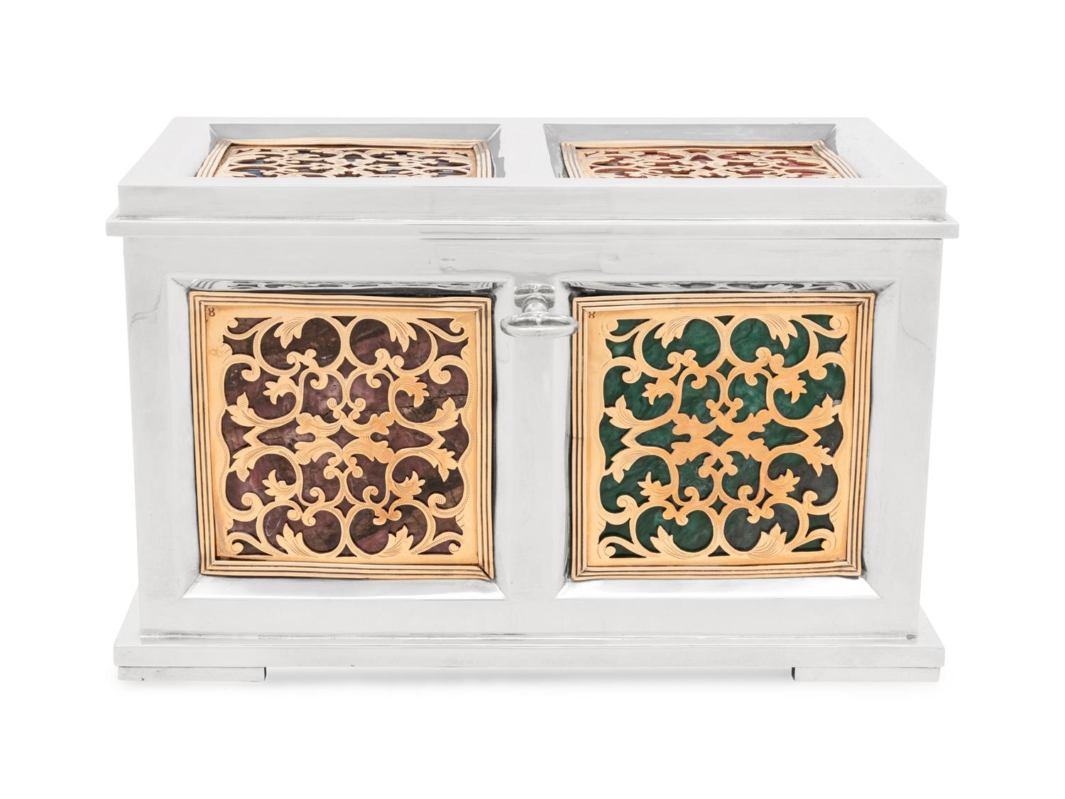 A Continental Baroque Style Silvered and Gilt Metal and Marble Inset Table Casket