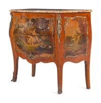 A Louis XV Style Gilt Bronze Mounted Vernis Martin Breche d'Alep Marble-Top Bombe Commode