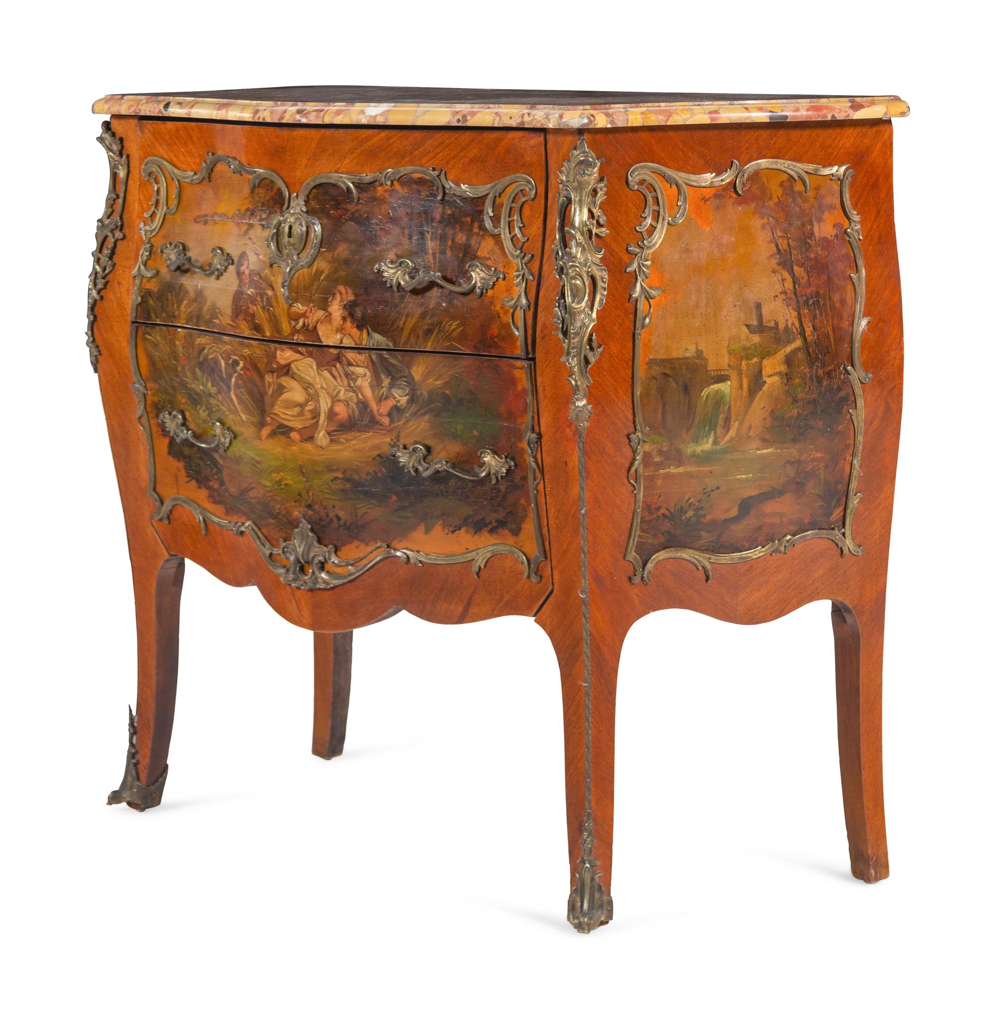 A Louis XV Style Gilt Bronze Mounted Vernis Martin Breche d'Alep Marble-Top Bombe Commode