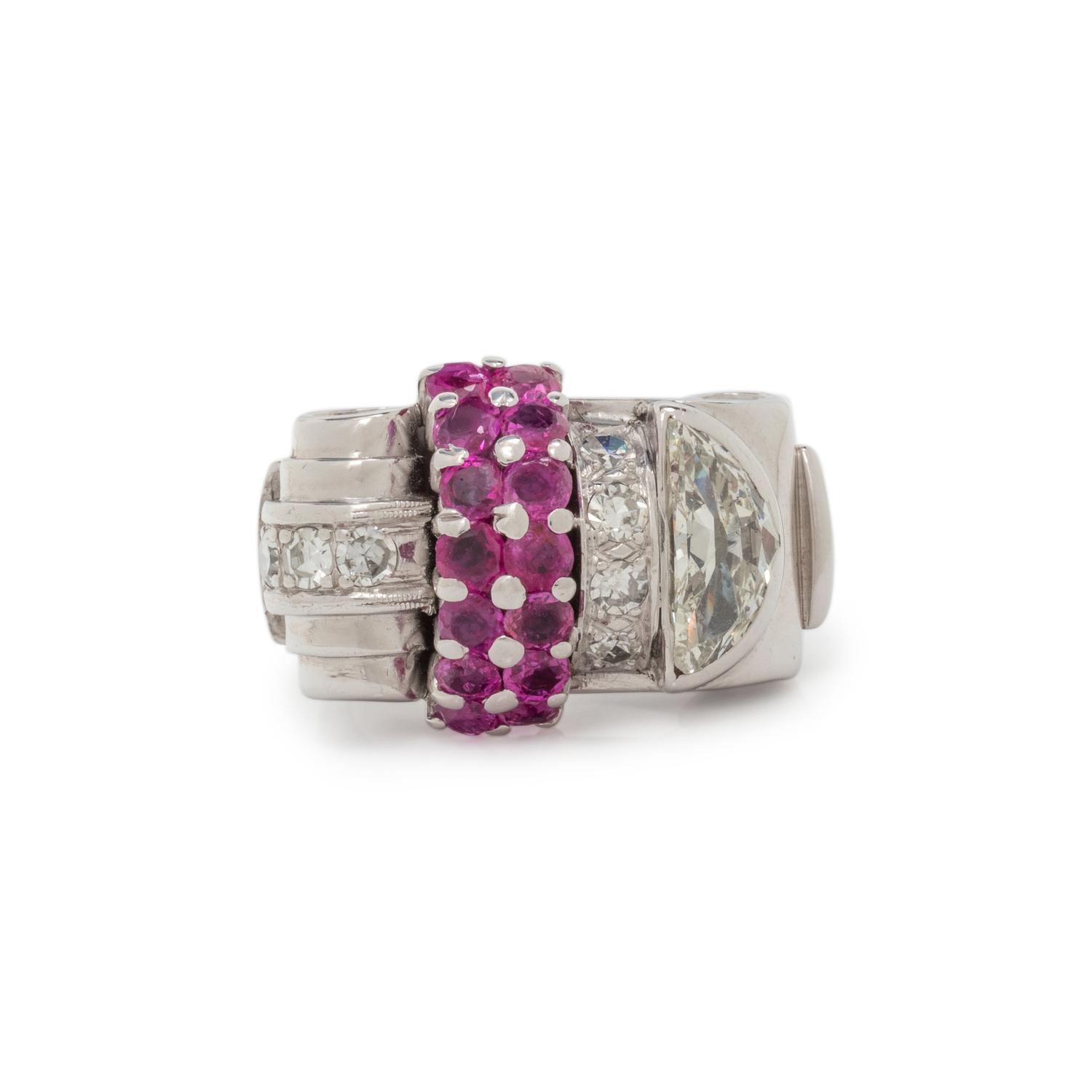RETRO, WHITE GOLD, DIAMOND AND RUBY RING