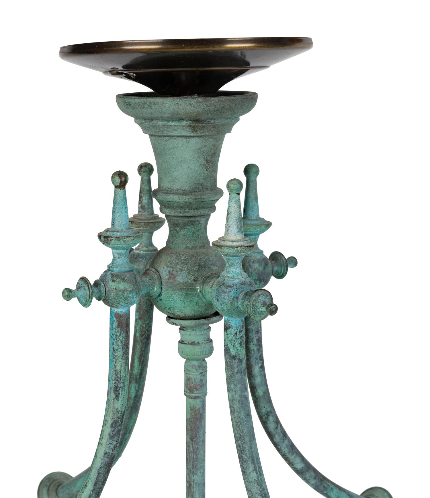 A Copper Patina and Etched Glass Three-Light Hanging Lantern — 20TH CENTURY