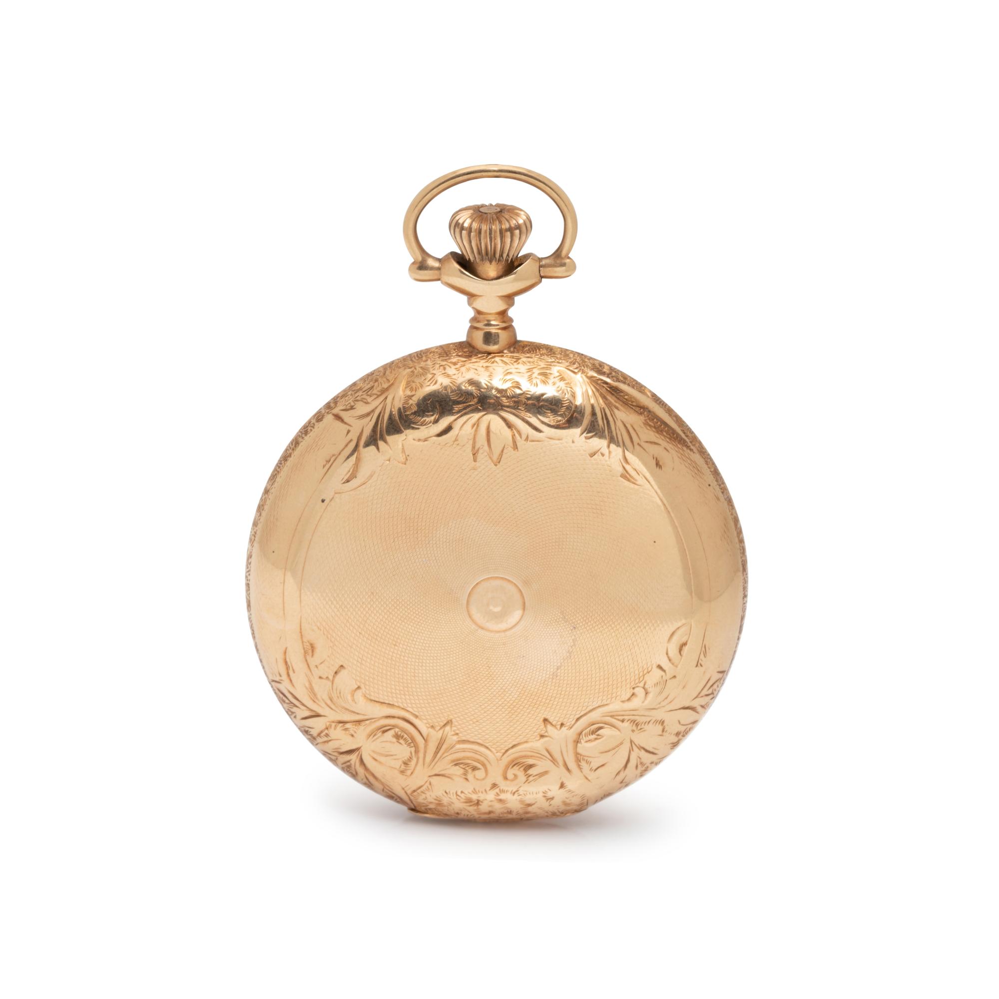WALTHAM, 14K YELLOW GOLD HUNTER CASE POCKET WATCH AND FOB CHAIN