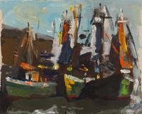 Two works: House with Flag and Harbor Scene