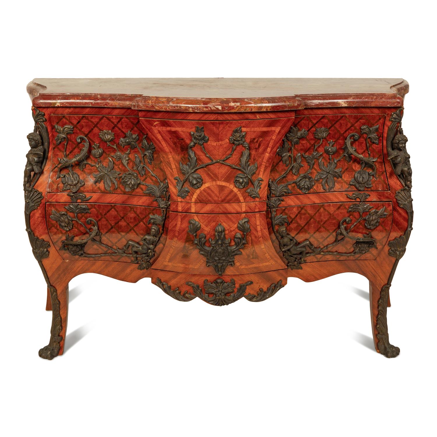 A Louis XV Style Parquetry Bombe Commode with Bronze Mounts and Marble Top
