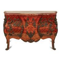 A Louis XV Style Parquetry Bombe Commode with Bronze Mounts and Marble Top