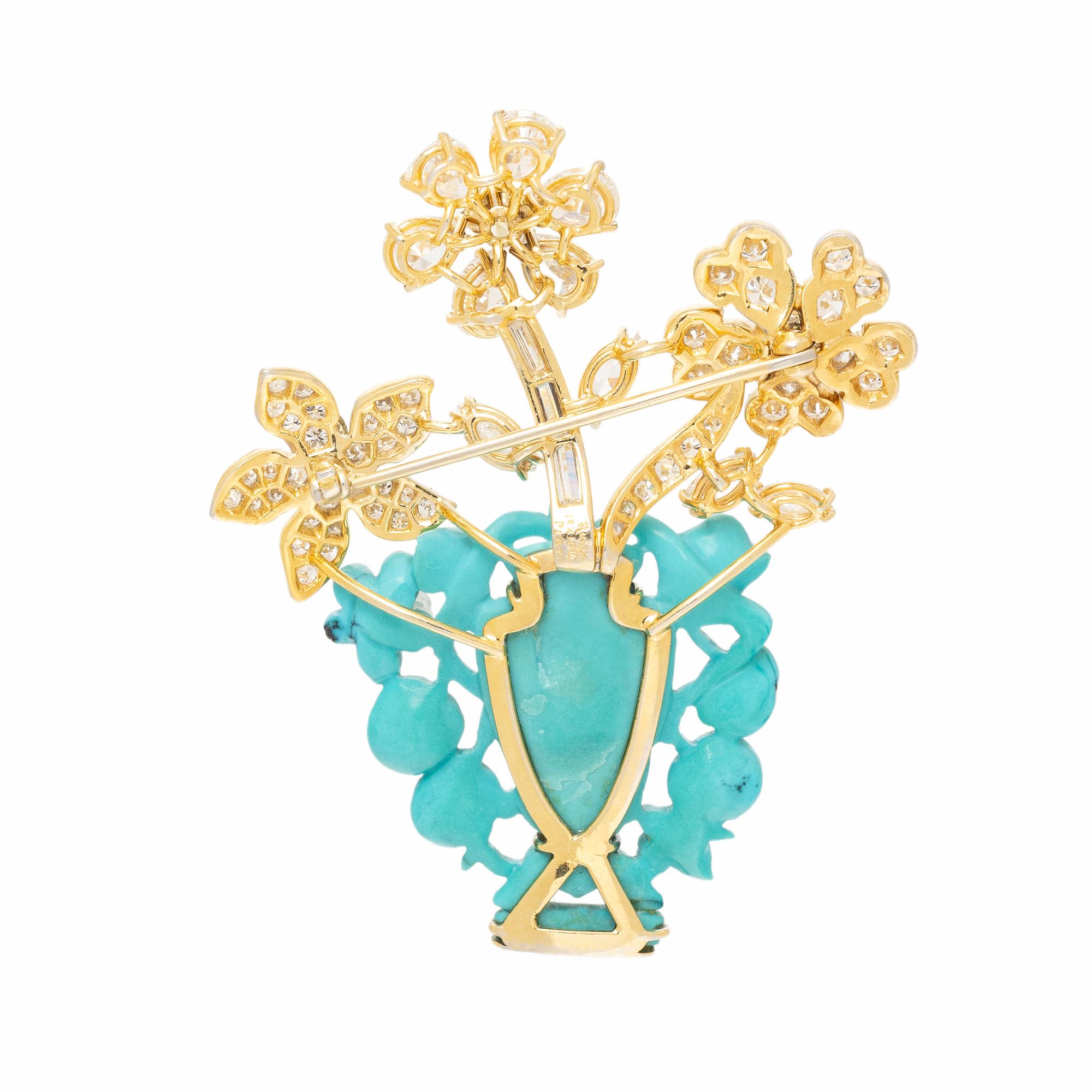 Ruser, Carved Turquoise, Diamond, and Colored Diamond Giardinetto Brooch