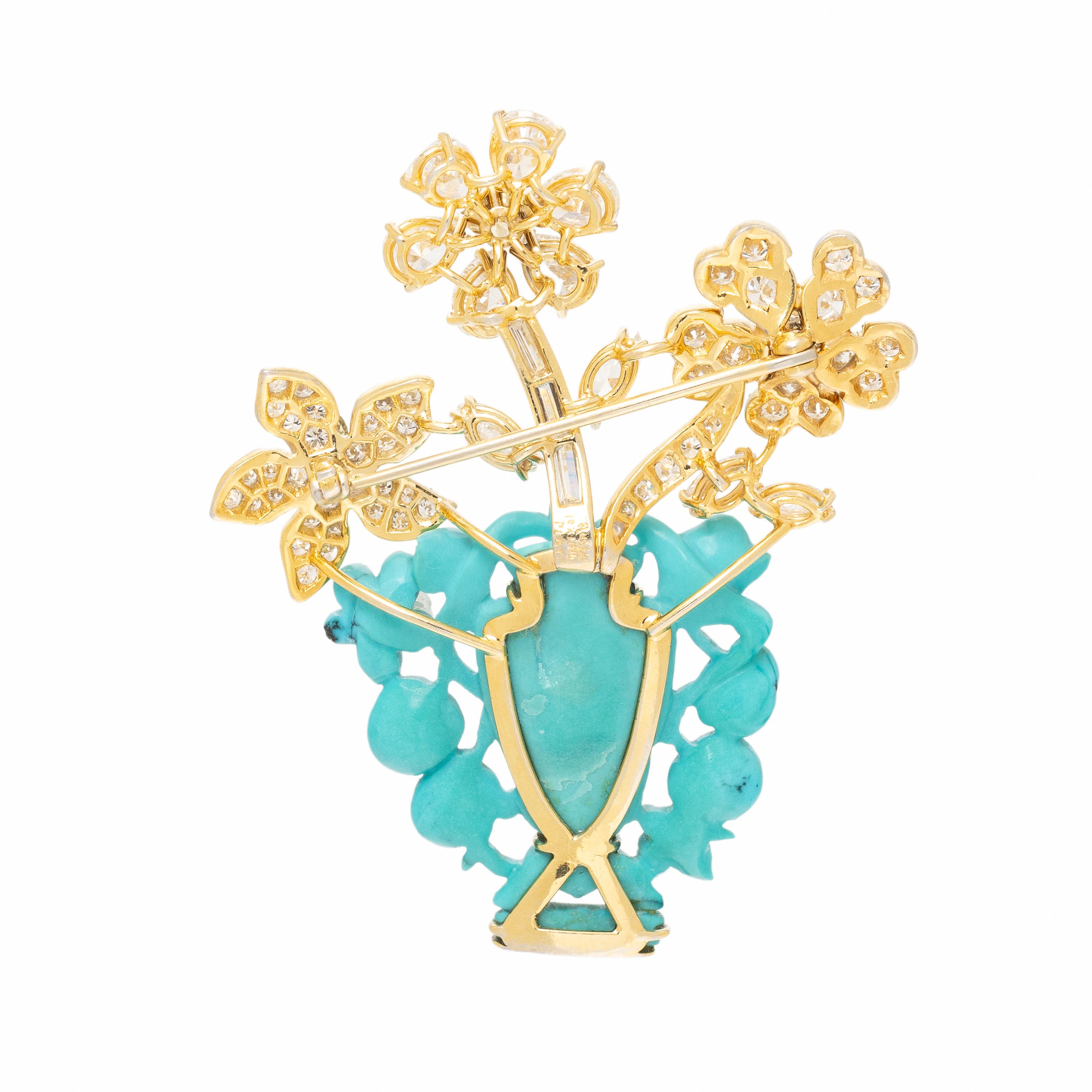 Ruser, Carved Turquoise, Diamond, and Colored Diamond Giardinetto Brooch