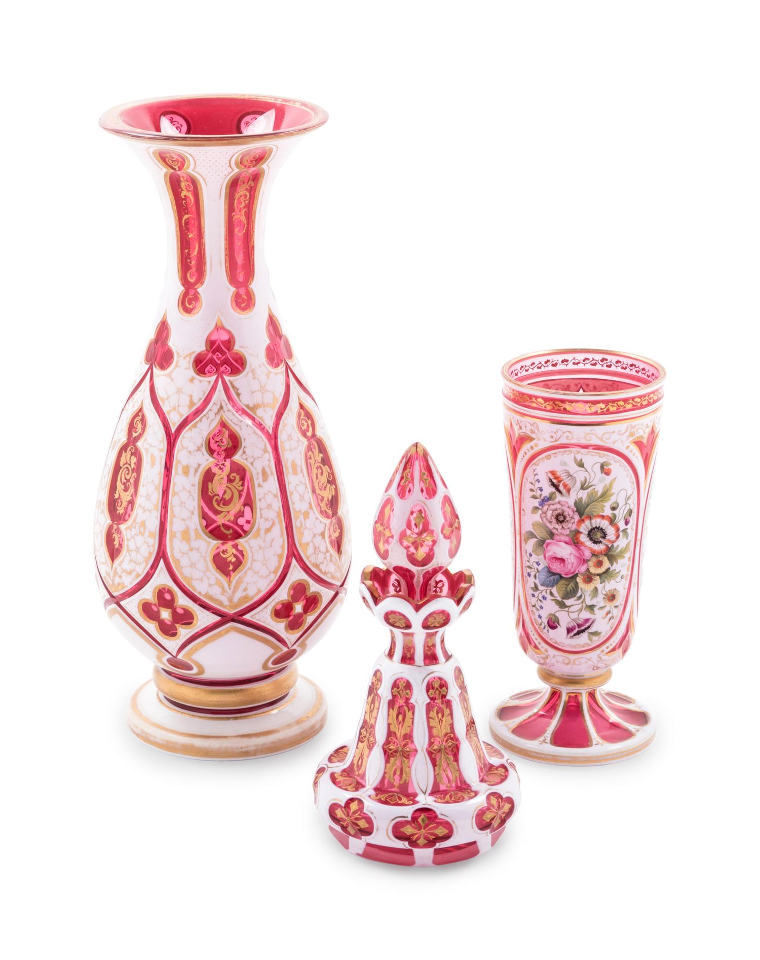 Three Bohemian White Overlay Ruby Glass Articles