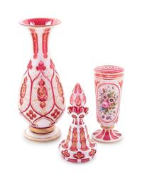Three Bohemian White Overlay Ruby Glass Articles