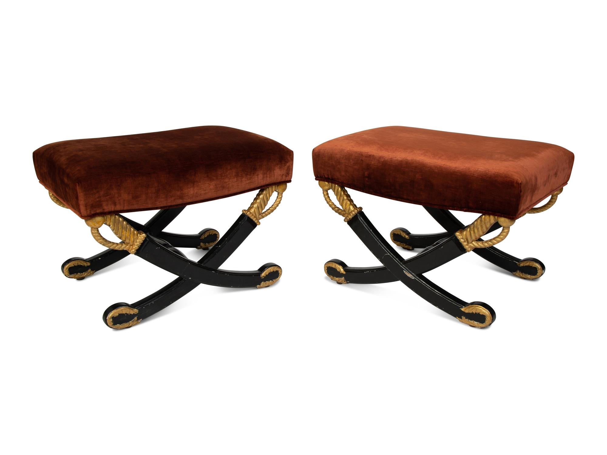 A Pair of Hollywood Regency Style Ebonized and Parcel Gilt Crossed-Sword Benches — 20TH CENTURY