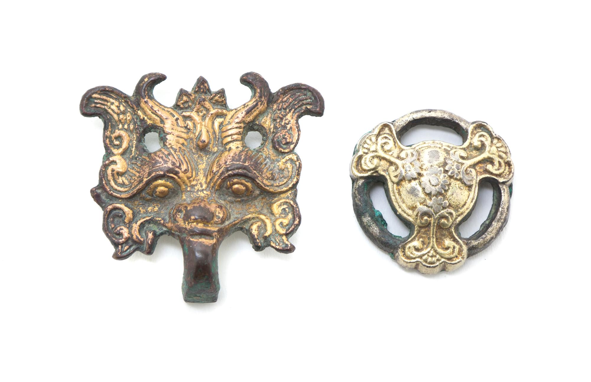 Two Chinese Gilt Bronze Fittings Height of taller 1 5/8 inches.