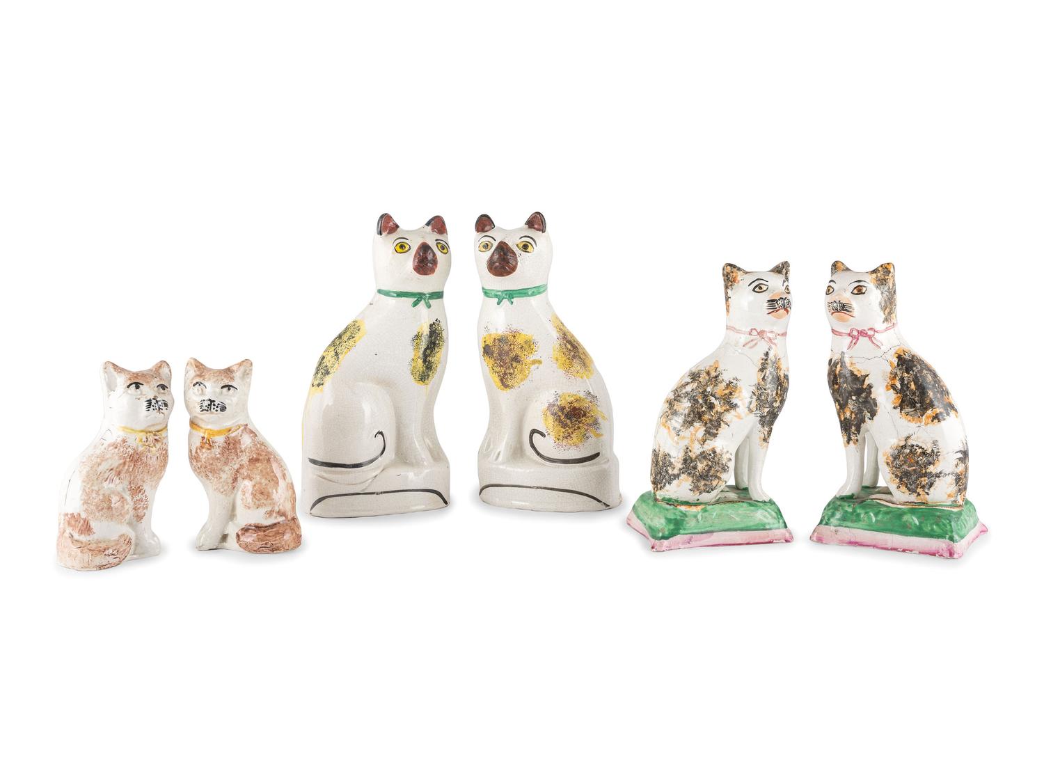 Three Pairs of Staffordshire Glazed Earthenware Cats