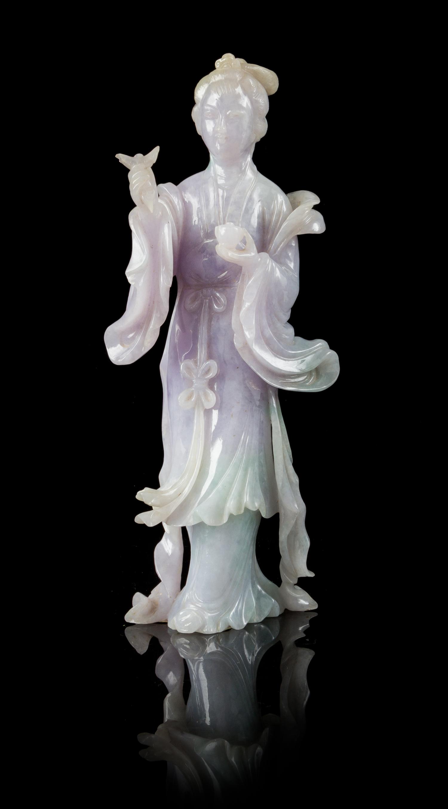 A Lavender Jadeite Figure of a Meiren Height 8 1/2 inches. — 20TH CENTURY
