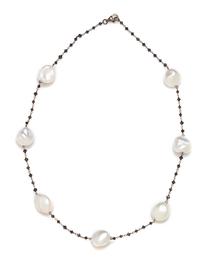 An 18 Karat Blackened Gold, Cultured Baroque Pearl and Black Diamond Necklace, 10.20 dwts.