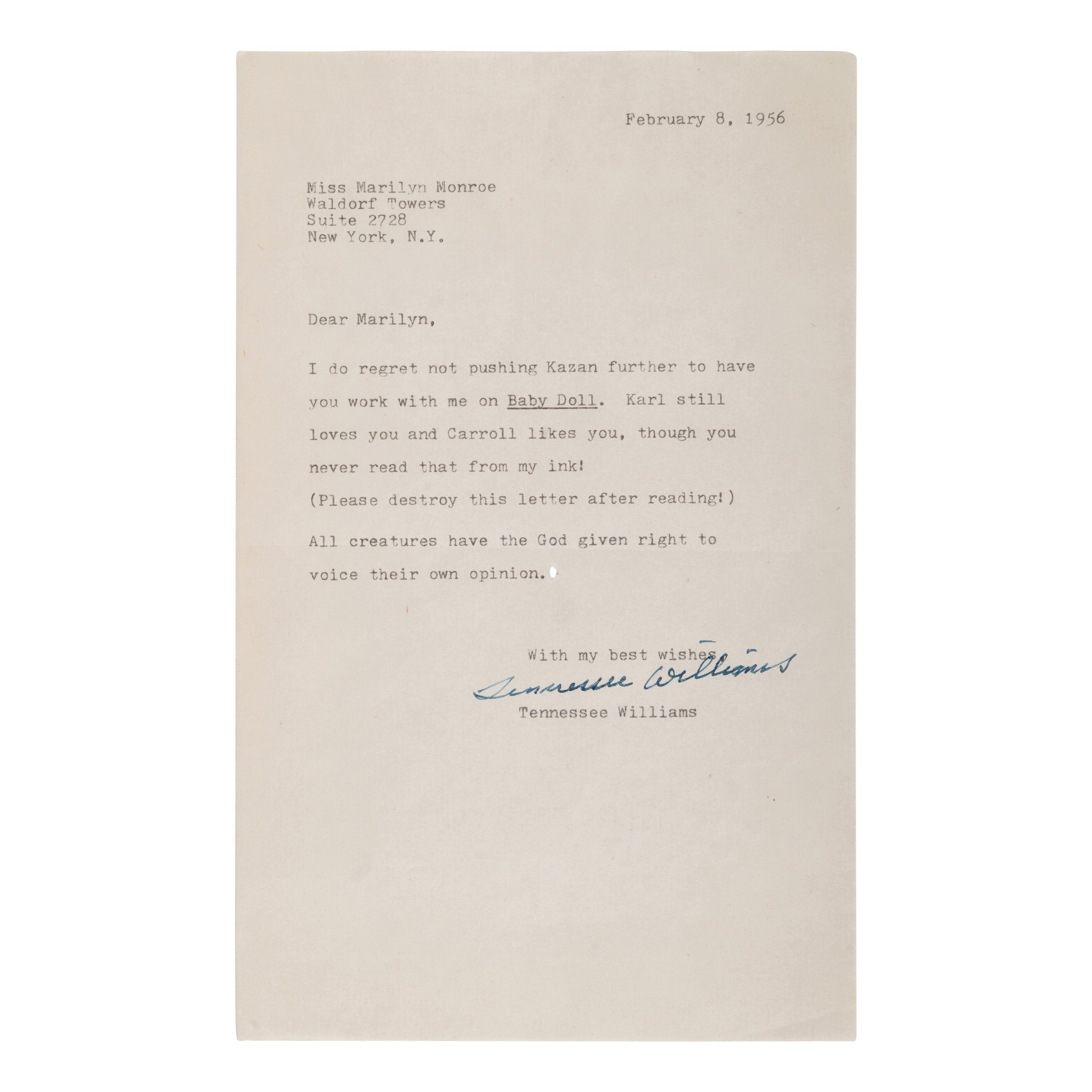 Williams, Tennessee (1911-1983). Typed letter signed ("Tennessee Williams") to Marilyn Monroe, [New York], 8 February 1956.