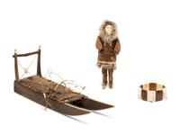 Alaskan Native Dog Sled, Doll, and Carved Elastic Bracelet