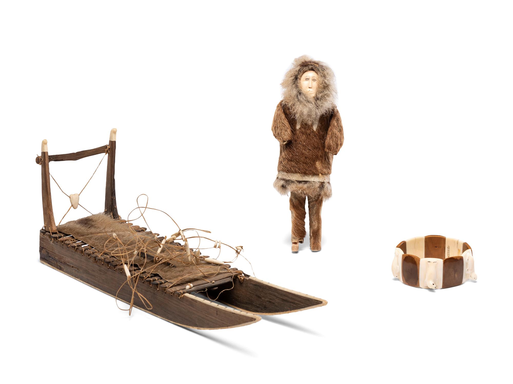 Alaskan Native Dog Sled, Doll, and Carved Elastic Bracelet
