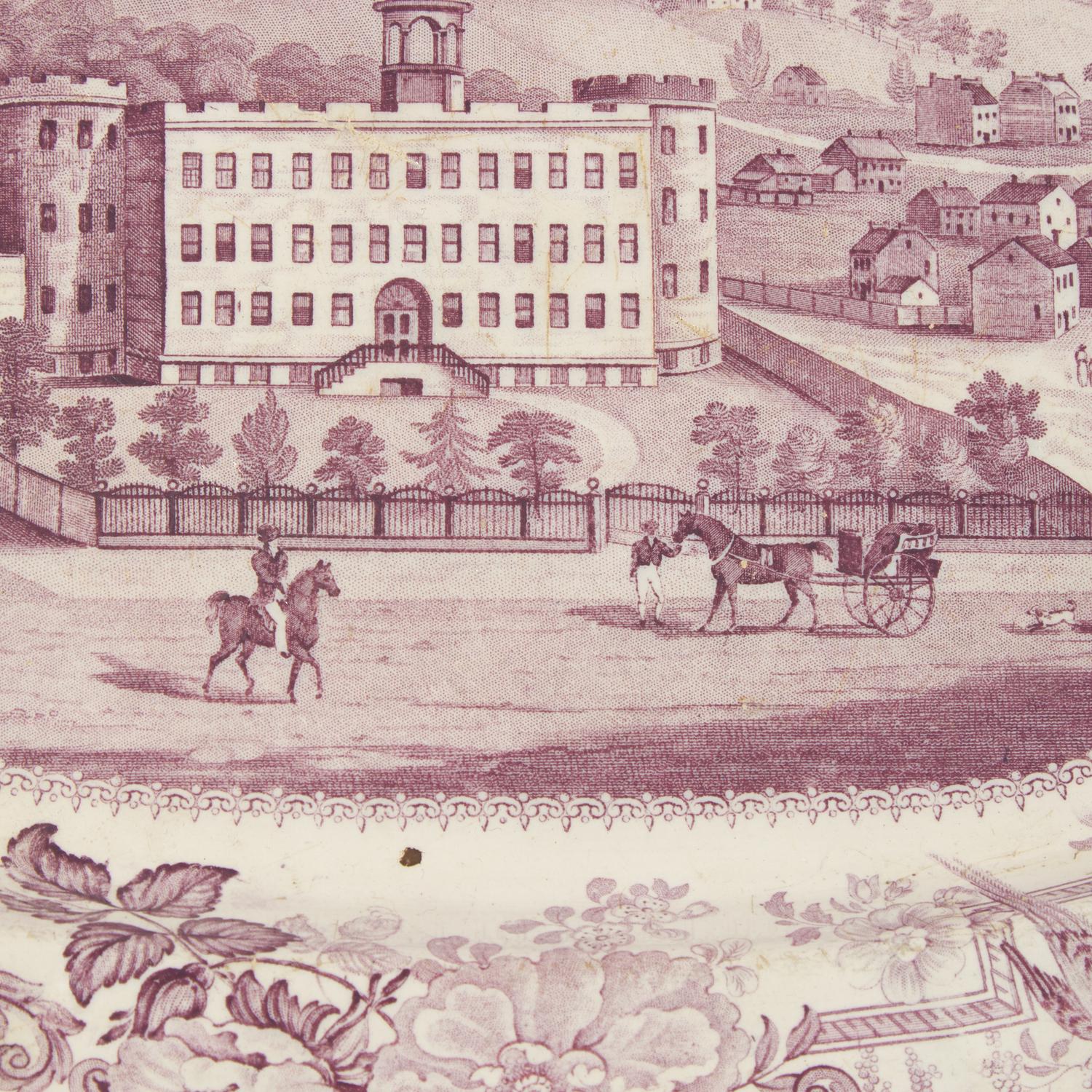 A Staffordshire Historical Mulberry Transfer-Decorated Platter Depicting the Penitentiary in Allegheny Near Pittsburgh, Pennsylvania