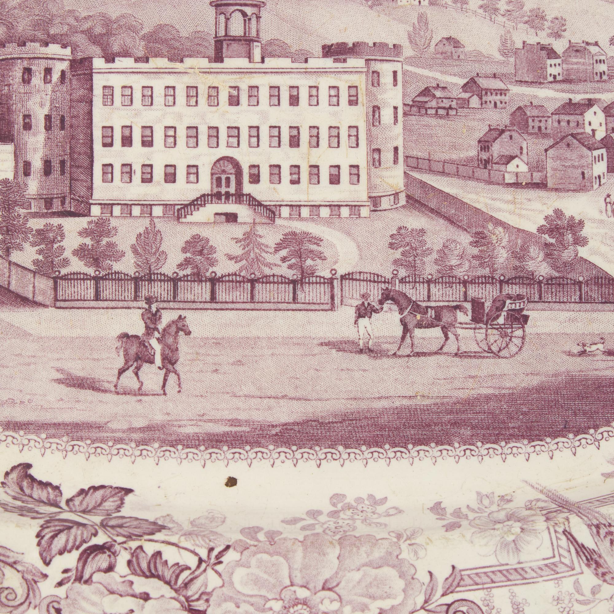 A Staffordshire Historical Mulberry Transfer-Decorated Platter Depicting the Penitentiary in Allegheny Near Pittsburgh, Pennsylvania