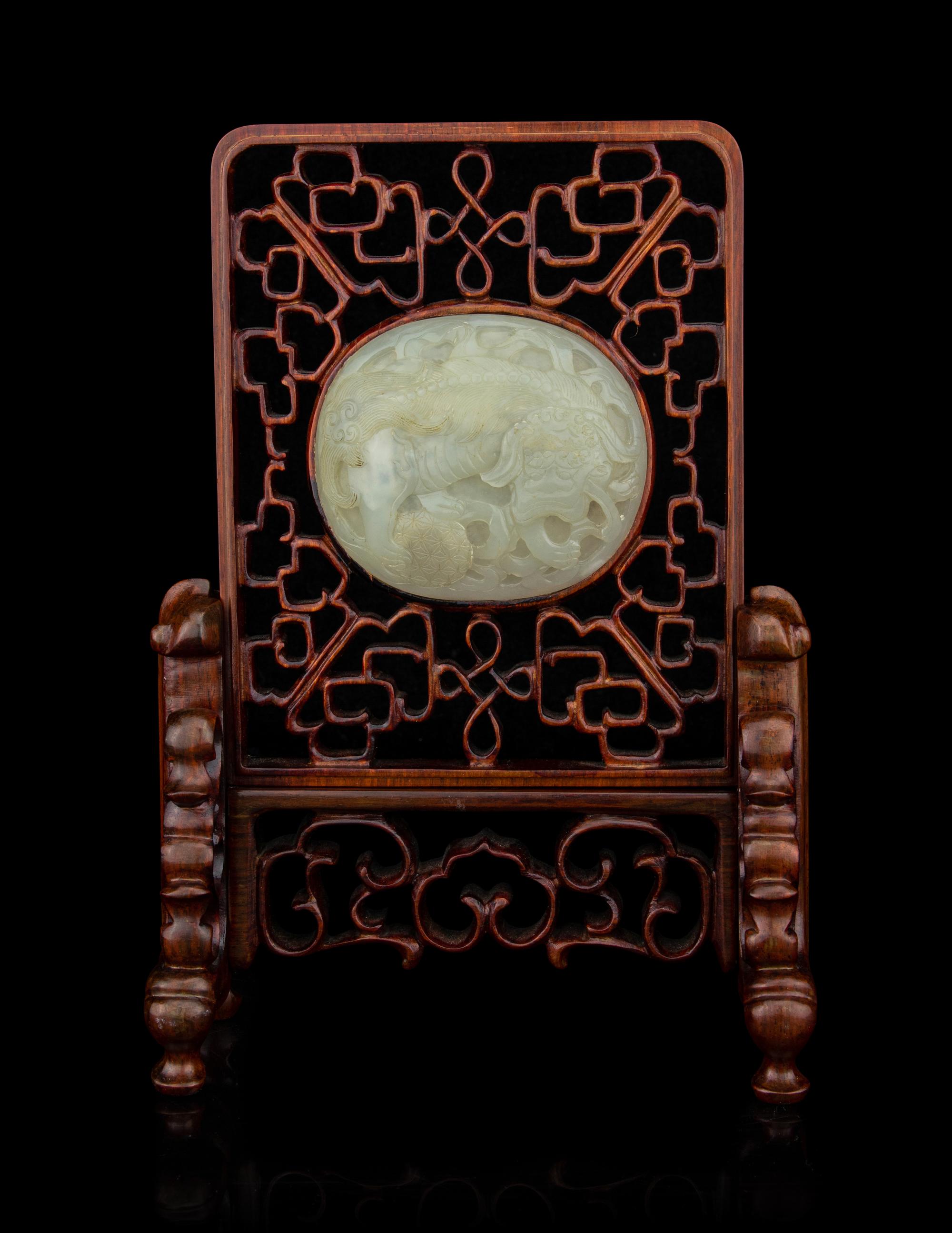A Chinese White Jade Inset Table Screen