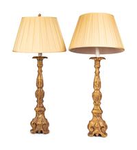 A Pair of Italian Giltwood Prickets Mounted as Lamps